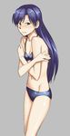  bikini blue_hair blush brown_eyes covering crossed_arms embarrassed flat_chest idolmaster idolmaster_(classic) inu_(aerodog) kisaragi_chihaya long_hair looking_at_viewer navel simple_background solo swimsuit 