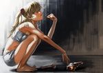  barefoot blonde_hair eva_02 feet food helmet lamchun_(2006) lips neon_genesis_evangelion pocky rebuild_of_evangelion shikinami_asuka_langley souryuu_asuka_langley squatting strapless toenails toes tubetop twintails 