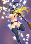  black_legwear blonde_hair blue_eyes bow breasts broom fingerless_gloves garter_belt gloves hat hat_bow highres holding kirisame_marisa large_breasts long_hair looking_at_viewer musashino_sekai navel slingshot_swimsuit smile solo star swimsuit thighhighs touhou white_bow witch_hat 