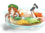  blush bowl braid chabi_(amedama) closed_eyes crossed_arms egg food hat hiyashi_chuuka hong_meiling in_bowl in_container in_food long_hair minigirl noodles orange_hair pun short_sleeves smile solo star touhou twin_braids 