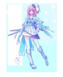  green_eyes hair_ornament hair_ribbon highres kyougoku_touya long_hair original pink_hair ribbon smile snowflake_hair_ornament snowflakes solo sword tales_of_(series) thighhighs weapon 