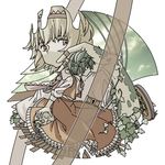  alice_margatroid ascot blonde_hair brown_dress dress expressionless frills green_hair hairband head_grab jewelry kazami_yuuka long_sleeves looking_at_viewer multiple_girls plant red_dress ring short_hair simple_background skull solo_focus touhou uewtsol upper_body wheel white_background 
