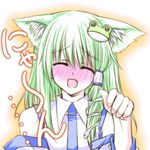  animal_ears blush cat_ears closed_eyes detached_sleeves embarrassed fang frog_hair_ornament full-face_blush green_hair hair_ornament head_tilt kochiya_sanae long_hair nyan open_mouth paw_pose shiren_(monochrome_structure) snake_hair_ornament solo touhou 