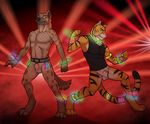  anthro blue_eyes canine dancing duo feline gay glowing glowstick green_eyes hyena letigre male mammal pose rave tiger tsaiwolf 