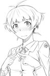  akizuki_ryou blush crossdressing greyscale hands_together idolmaster idolmaster_dearly_stars inu_(aerodog) looking_at_viewer male_focus monochrome otoko_no_ko own_hands_together short_hair sketch solo steepled_fingers 