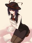  alternate_costume blue_hair contemporary hat kneeling long_sleeves nagae_iku necktie office_lady pantyhose papers pencil_skirt red_eyes shiren_(monochrome_structure) short_hair skirt solo touhou 