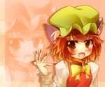  animal_ears bad_hands blush brown_hair cat_ears chen daidai_ookami earrings fang hat highres jewelry long_sleeves open_mouth puffy_sleeves short_hair slit_pupils solo touhou yellow_eyes 