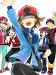  backwards_hat baseball_cap beanie closed_eyes coat gold_(pokemon) hat kouki_(pokemon) multiple_boys open_mouth pokemon pokemon_(game) pokemon_bw pokemon_dppt pokemon_frlg pokemon_hgss pokemon_platinum pokemon_rse red_(pokemon) red_(pokemon_frlg) santou_suihei simple_background smile tegaki touya_(pokemon) waving winter_clothes yuuki_(pokemon) 