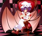  ascot bat_wings blue_hair blush chair daidai_ookami glasses hat hat_ribbon highres large_wings one_eye_closed puffy_sleeves red_eyes remilia_scarlet ribbon short_hair short_sleeves sitting smile solo touhou wings wrist_cuffs 