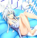  :3 animal_ears antenna_hair bare_shoulders barefoot blue_eyes bottomless checkered checkered_background eating feet food fox_ears kentairui legs long_hair lying mitsuha_(kentairui) mochi mouth_hold no_panties off_shoulder on_back open_clothes open_shirt original shirt silver_hair solo sweatdrop tail wagashi 