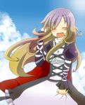  blonde_hair blush breasts closed_eyes cloud day gradient_hair hijiri_byakuren large_breasts long_hair long_sleeves multicolored_hair puffy_sleeves purple_hair reio sky solo standing touhou very_long_hair 