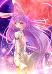  alternate_costume animal_ears blush bunny_ears bunny_tail dress fetefeteli glowing glowing_eyes long_hair moon pink_hair red_eyes red_moon reisen_udongein_inaba sleeveless slit_pupils solo tail touhou very_long_hair 