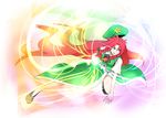  bad_id bad_pixiv_id blue_eyes bow braid chinese_clothes hair_bow hat hat_removed headwear_removed highres hong_meiling long_hair red_hair short_sleeves solo stance star touhou twin_braids very_long_hair yoshida_hideyuki 