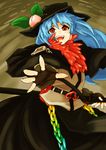  alternate_costume belt black_gloves blue_hair chain eyebrows fingerless_gloves food fruit gloves hat highres hinanawi_tenshi leaf long_hair open_mouth outstretched_arm peach red_eyes scabbard sheath sheathed short_eyebrows smile solo sonjow4 sword touhou weapon 