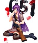  ;o absurdres blood blood_splatter blue_eyes boots breasts busujima_saeko fingerprint gun highres highschool_of_the_dead ithaca_m37 long_hair medium_breasts official_art one_eye_closed purple_hair satou_shouji shotgun solo thighhighs weapon 