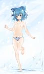  abe_kanari barefoot blue_eyes blue_hair blush cirno flat_chest groin highres leg_up navel nipples no_wings panties petite plaid plaid_panties short_hair solo topless touhou underwear underwear_only 