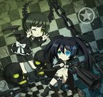  bangs belt bikini_top black_dress black_hair black_rock_shooter black_rock_shooter_(character) blue_eyes blue_fire blunt_bangs bone boots bow burning_eye chain checkered checkered_floor chibi dead_master demon_wings dress eye_contact fire green_eyes green_hair highres hood hooded_jacket horns jacket looking_at_another looking_at_viewer multiple_girls one_eye_closed ribbon rubble shoes shorts skull star teasing tonee tongue tongue_out twintails weapon white_bow wings 