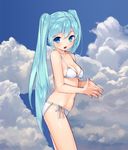  aqua_eyes aqua_hair bad_id bad_pixiv_id bikini blue_eyes blush breasts cleavage cloud day hatsune_miku kushibi long_hair looking_at_viewer medium_breasts open_mouth side-tie_bikini sky solo steepled_fingers swimsuit twintails very_long_hair vocaloid white_bikini 