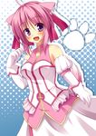  ahoge animal_ears bare_shoulders blush dog_days dog_ears dog_girl dog_tail dress elbow_gloves gloves hair_ribbon highres millhiore_f_biscotti open_mouth paw_print pink_hair purple_eyes ribbon smile solo tail wizard_erk 