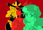  :3 face gioha hair_tubes hakurei_reimu hat kirisame_marisa kochiya_sanae looking_at_viewer lowres monochrome multiple_girls profile red_background touhou witch_hat 