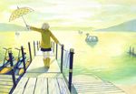  boots chika_(mysweetgarden) dock from_behind lake male_focus md5_mismatch original outstretched_arm polka_dot polka_dot_umbrella raincoat rubber_boots shorts solo standing swan_boat umbrella water yellow 