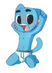  4_fingers anthro blue_fur blush briefs bulge cartoon_network cat child clothing cub cydonia_xia feline fur gumball_watterson kneeling male mammal navel nipples open_mouth pink_nose simple_background solo the_amazing_world_of_gumball underwear whiskers young 