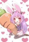  ahoge animal_ears black_legwear blush bunny_ears bunny_tail carrot fetefeteli long_hair long_sleeves open_mouth pink_hair red_eyes reisen_udongein_inaba solo tail thighhighs touhou very_long_hair 