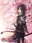  artist_name black_eyes cherry_blossoms hakuouki_shinsengumi_kitan hijikata_toshizou_(hakuouki) kagalin katana male_focus petals purple_eyes purple_hair sheath signature solo sword watermark weapon web_address 