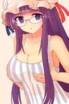  bad_id bad_pixiv_id bespectacled breast_hold breasts camisole glasses grabbing_own_breast hat large_breasts long_hair open_mouth patchouli_knowledge purple_eyes purple_hair solo touhou yodori 