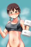  1girl artist_request blue_background blush bottomless bra breasts brown_hair exercise gertrud_barkhorn smile solo sports_bra steam strike_witches sweat sweat_stain the-k underwear weight yellow_eyes 