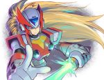  1boy android blonde_hair blue_eyes cropped_torso energy_sword gloves helmet holding holding_weapon index_finger_raised lightsaber long_hair male_focus pointing rockman rockman_x serious simple_background solo sword weapon white_gloves yuriyuri_(ccc) zero_(rockman) 