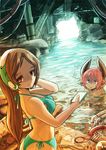  aqua_bikini bikini brown_hair cable character_request colored_eyelashes copyright_request highres horns long_hair monster_girl multiple_girls partially_submerged pink_eyes pink_hair pointy_ears red_eyes ruins short_hair side-tie_bikini smile sonjow4 swimsuit water 