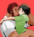  beard black_eyes black_hair casual facial_hair fate/zero fate_(series) hood hoodie hug kikuyarou male_focus multiple_boys red_background red_eyes red_hair rider_(fate/zero) simple_background smile waver_velvet 