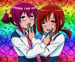  2girls ahegao blush brushing_teeth drawfag drill_hair hair_ornament hair_ribbon hairclip highres hino_akane hino_akane_(smile_precure!) hoshizora_miyuki multiple_girls necktie ponytail precure purple_eyes purple_hair red_eyes red_hair ribbon sexually_suggestive smile_precure! tears tongue tongue_out toothbrush toothpaste twin_drills violet_eyes 