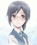  bespectacled black_hair closed_mouth glasses highres kem_kem looking_at_viewer ponytail portrait red-framed_eyewear sakai_wakana school_uniform short_hair simple_background smile solo source_request tari_tari yellow_eyes 