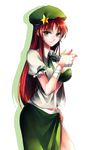  bad_id bad_pixiv_id bandages braid breasts cleavage contrapposto green_eyes hand_on_hip hat highres hong_meiling large_breasts long_hair nr_(cmnrr) open_clothes open_shirt puffy_sleeves red_hair shadow shirt short_sleeves side_braid single_braid smile solo standing star thumbs_up touhou white_background 