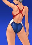  arm_up ass bang-you black_hair butt_crack competition_swimsuit dark_skin from_behind gradient gradient_background head_out_of_frame highres looking_at_viewer one-piece_swimsuit original solo swimsuit tan toned 