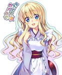  :d blonde_hair blue_eyes blush copyright_name finger_to_face japanese_clothes koiwai_flora long_hair nanatsuiro_drops open_mouth piromizu simple_background smile solo translated tray wa_maid white_background 
