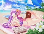  ass beach bikini book breasts covering covering_breasts day hat jeibii large_breasts lens_flare long_hair patchouli_knowledge purple_eyes purple_hair solo swimsuit touhou umbrella 