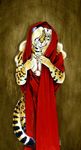  brown_background cloak feline female hair heather_bruton leopard long_hair mammal plain_background solo 