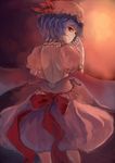  bare_back bat_wings bow ciel_(19940421) from_behind hat hat_bow looking_back puffy_short_sleeves puffy_sleeves purple_hair red_eyes remilia_scarlet ribbon short_hair short_sleeves skirt skirt_set slit_pupils solo touhou wings 
