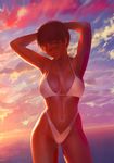  agnidevi armpits arms_behind_head arms_up bikini breasts brown_hair cloud dusk head_tilt highleg highleg_bikini highleg_swimsuit highres horizon large_breasts light_smile looking_at_viewer navel ocean original short_hair sky smile solo sunset swimsuit water 