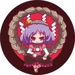  amagiku blush hair_ornament leaf long_sleeves maple_leaf mirror open_mouth puffy_sleeves purple_hair red_eyes rope shimenawa short_hair sitting solo touhou yasaka_kanako 