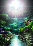  bridge building highres house kanahi no_humans original river scenery sky sunlight tree water waterfall 