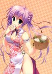  absurdres ahoge armband bamboo_steamer baozi blush bottomless breasts china_dress chinese_clothes cleavage donut-ko_(ryouka) double_bun dress eating food green_eyes groin highres holding long_hair looking_at_viewer medium_breasts no_bra no_panties original purple_hair ryouka_(suzuya) scan solo twintails 