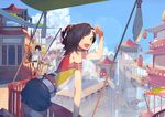  2girls :d architecture bare_shoulders black_hair blue_eyes building cloud day east_asian_architecture hair_ornament lantern leaning_forward multiple_girls muraichi open_mouth original scenery sitting sky smile 