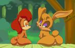  anus big_butt blue_eyes breasts brown_hair bunnie_rabbot butt chipmunk cm_august couple female green_eyes hair lagomorph looking_at_viewer looking_back mammal nude outside presenting pussy rabbit red_hair rodent sally_acorn sega side_boob smile sonic_(series) 