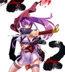  absurdres blood blood_splatter blue_eyes bow breasts bridal_gauntlets busujima_saeko cleavage cosplay fingerprint fishnet_legwear fishnets highres highschool_of_the_dead japanese_clothes kunai large_breasts long_hair ninja official_art ponytail purple_hair satou_shouji scarf solo sword thighhighs weapon 