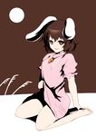  :p animal_ears bare_legs barefoot brown_eyes brown_hair bunny_ears carrot full_body highres inaba_tewi looking_at_viewer naughty_face necktie short_hair simple_background sitting solo sonjow4 tongue tongue_out touhou wariza 