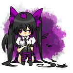  black_hair black_legwear blush cellphone feathers hat hata-tan himekaidou_hatate long_hair necktie phone puffy_sleeves purple_eyes reio short_sleeves single_wing sitting solo thighhighs tokin_hat touhou twintails very_long_hair wings 